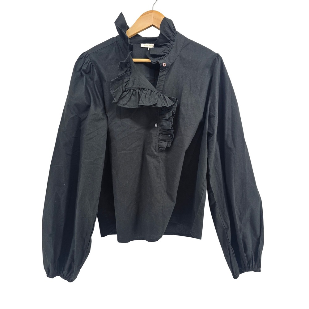 Love the Label Blouse Womens L Ruffle Front High Neck Black Balloon Sleeve EUC
